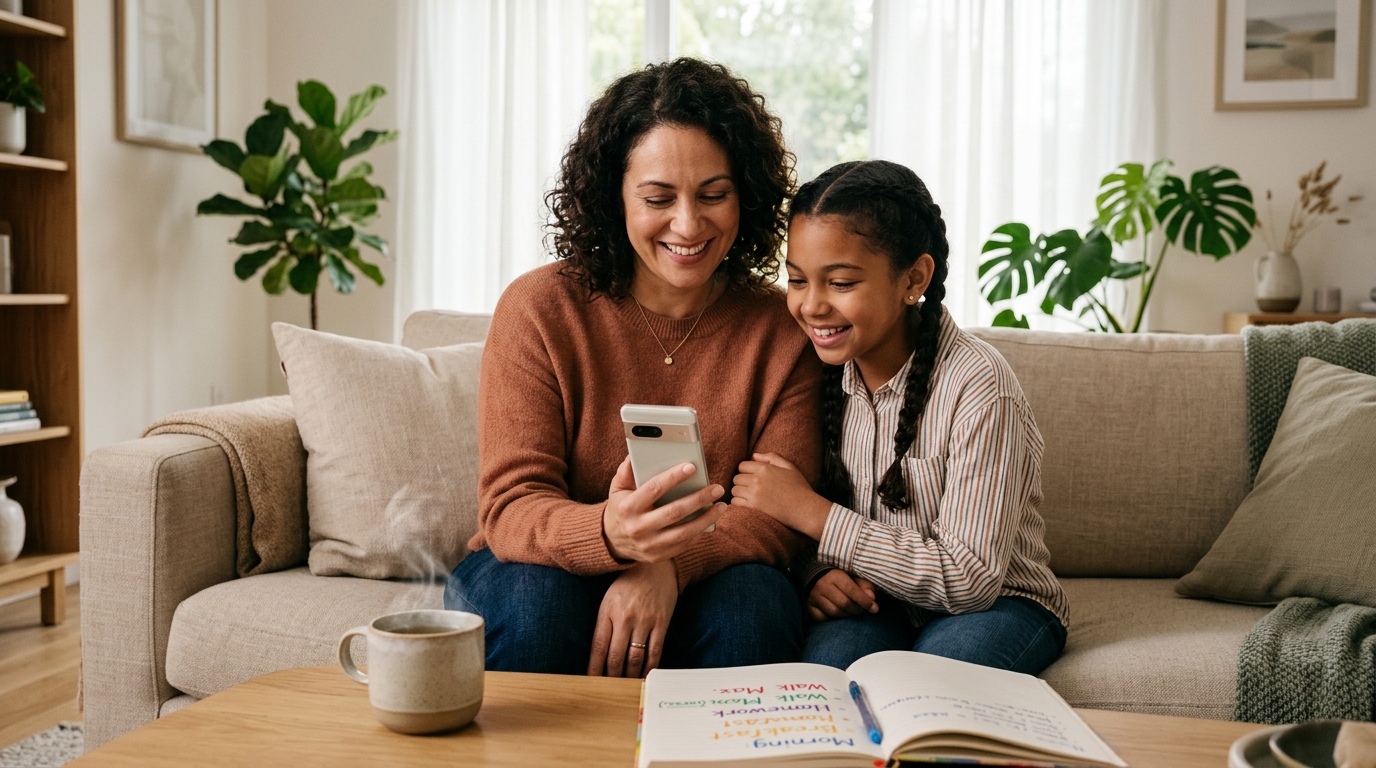 Loving mother and daughter sitting on sofa looking at daily smartphone routine and family agreement checklist