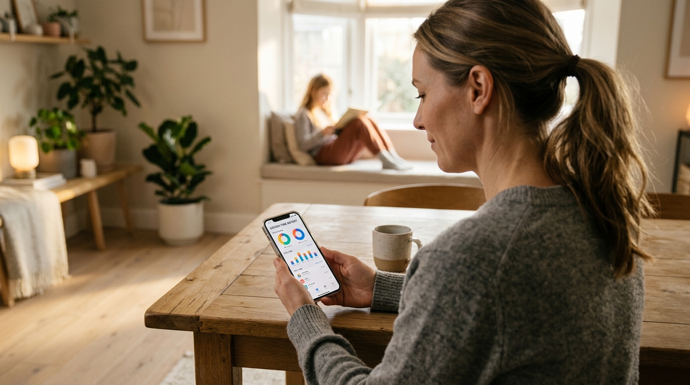Focused parent reviewing detailed app screen time analytics on smartphone at a study table while child reads quietly in the background