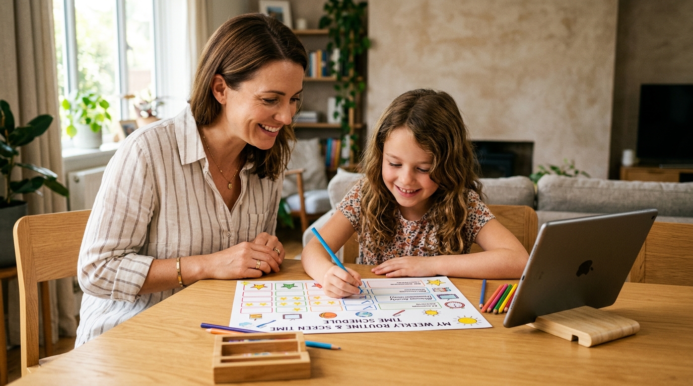 Mère et enfant souriants remplissant un planning hebdomadaire de temps d’écran coloré à une table en bois avec une tablette posée à côté