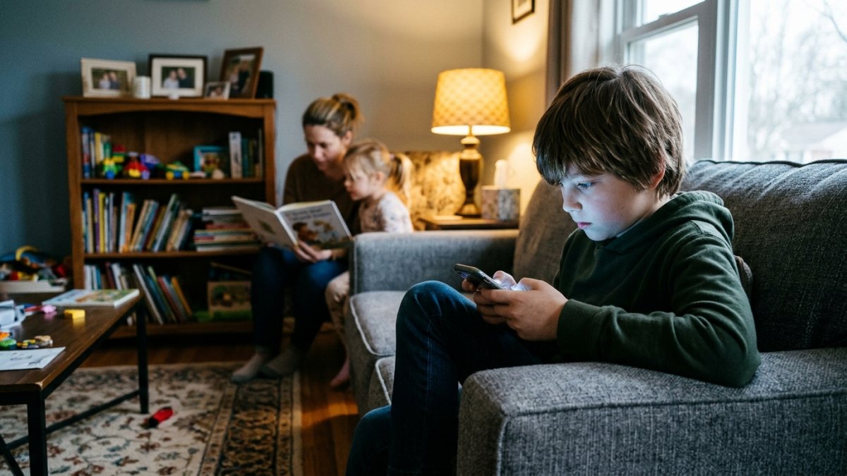 Young child absorbed in a smartphone on the sofa while family reads together in the background