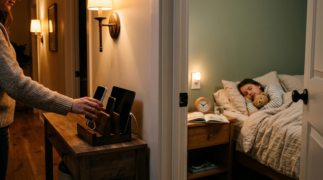 Child sleeping peacefully with an analog alarm clock on bedside table while parent places smartphone into a central charging station in the hallway