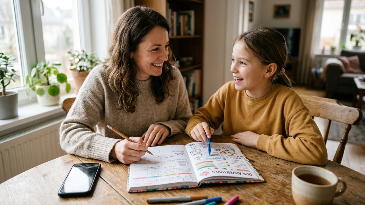 Parent and child smiling together at wooden table reviewing daily routine agreement with an idle smartphone nearby