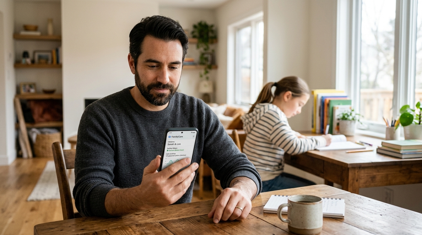 Parent consultant sereinement le tableau de bord de contrôle parental et de sécurité familiale sur son smartphone