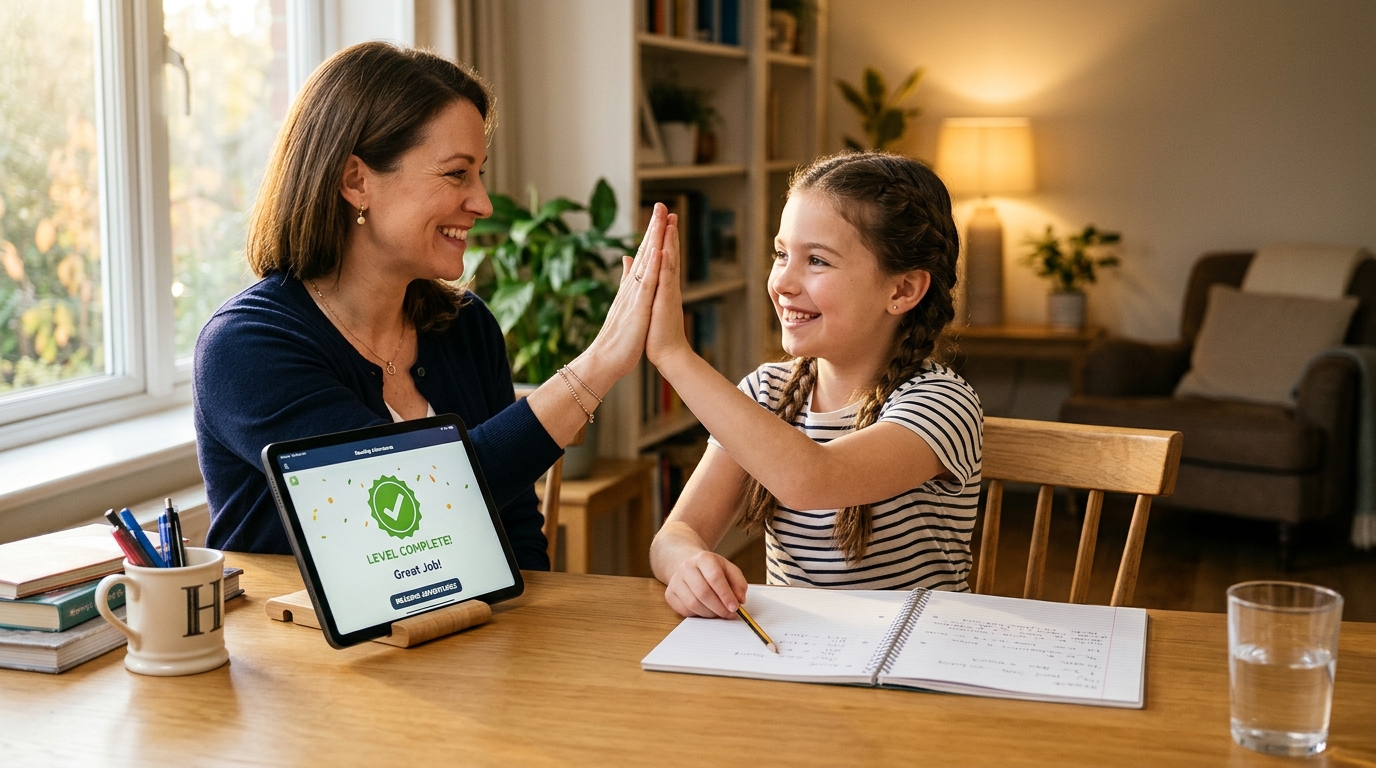 Happy child at study desk celebrating completed reading milestone with a proud high-five from caring parent