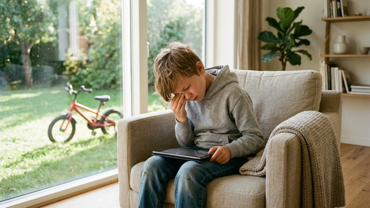 Kind sitzt mit gebeugtem Nacken im Sessel und reibt sich müde die Augen vor dem Tablet